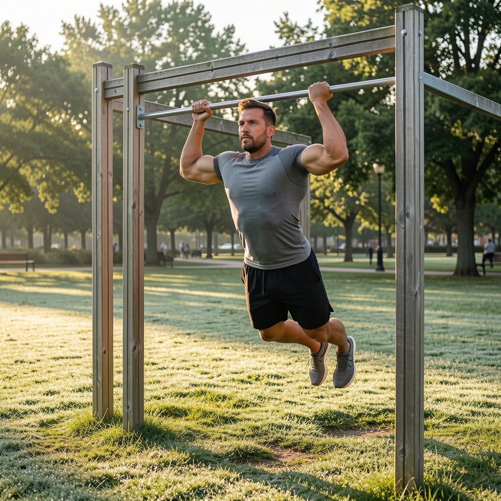 Athletic man performing a pull-up on an outdoor wooden frame structure in a public park setting, early morning light casting long shadows across dew-covered grass, wearing grey fitted training top