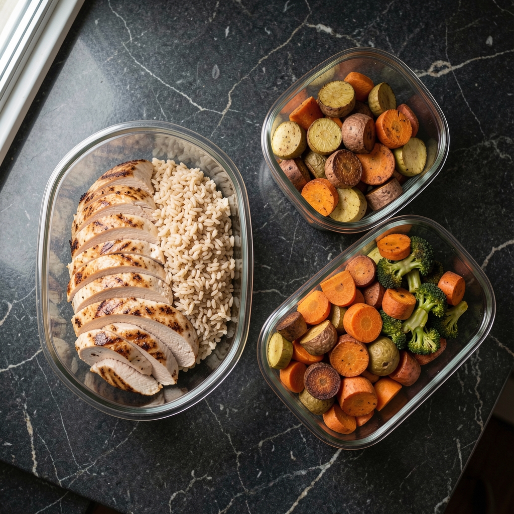 Overhead flat-lay of weekly meal preparation containers on a dark stone kitchen counter — sliced grilled chicken breast, steamed whole grain, roasted root vegetables in glass storage containers, natural daylight from side window
